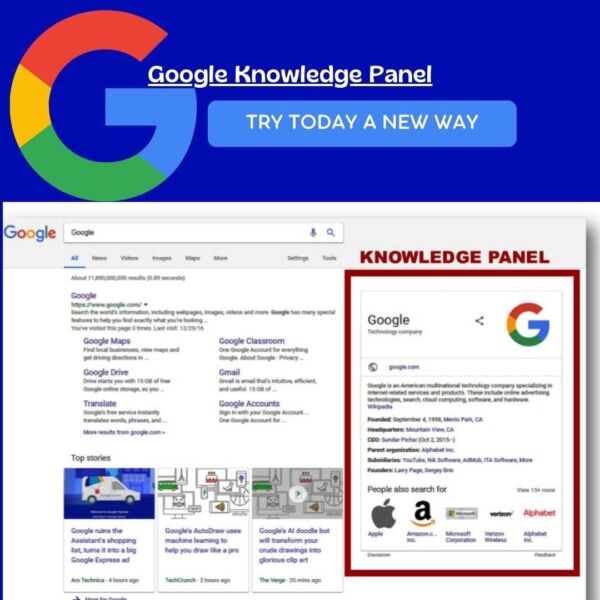 Graphic depicting a verified Google Knowledge Panel for an individual or brand.