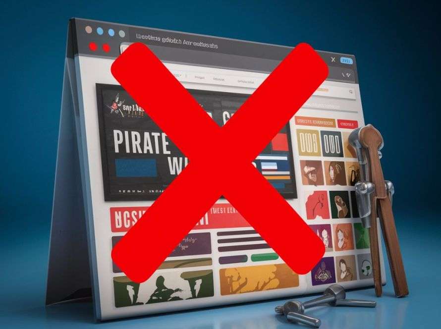 Pirate websites screenshot with a red 'X' symbol indicating it is not legitimate.