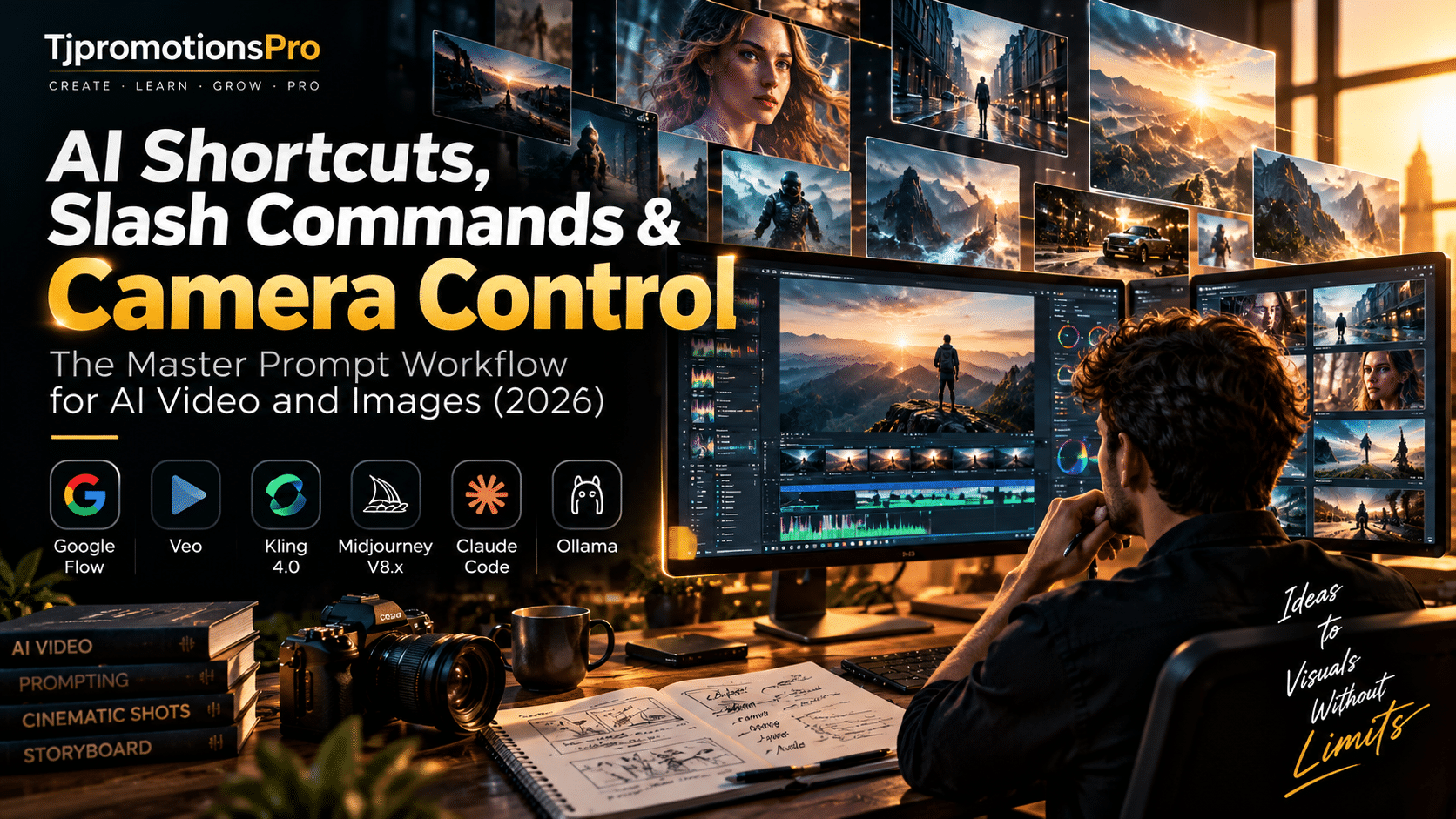 AI Shortcuts, Slash Commands and Camera Control: The Master Prompt Workflow for AI Video and Images (2026) Updated October 24, 2026 · Checked against vendor documentation and launch coverage Search for “secret AI video commands” and you will find endless lists promising a hidden code that unlocks cinematic output. Most of them are wrong in a structural way: they describe a control panel that does not exist. Here is what actually exists. Google Flow has no slash-command console. Veo and Kling do not parse a secret grammar. Midjourney does have a literal grammar (parameters), and Claude Code has real slash commands that you can write yourself. Everything else sold as a “shortcut” is a well-built template, and a template is only as good as the director’s thinking behind it. There is a second problem: most guides ranking today are stale. If your shortlist still includes Sora, you are working from an outdated map. OpenAI closed the Sora app on April 26, 2026 and switched off the Sora API on September 24, 2026. This guide separates what is real from what is recycled. You will get a reusable shot brief that works across video tools, camera and lighting vocabulary that models actually respond to, current controls for Google Flow, Kling 4.0 and Midjourney, and a practical way to turn Claude, Claude Code and Ollama into your own command layer. Three Things People Mean by “AI Shortcut” The phrase covers three very different mechanisms. Mixing them up is the root of most bad advice. Layer Where it lives Example Reliability True slash commands Claude Code, the interactive Ollama session /shotlist, /show info Deterministic: the software parses them Parameters Midjourney --ar 9:16, --stylize 150 Deterministic, but version-specific Structured prompt templates Veo and Flow, Kling, Claude chat Subject, action, camera, light, audio Probabilistic: the model interprets them A command modifier is a real shortcut only when software parses it the same way every time. Everything in the third row is a checklist that forces you to say what you mean. That is still valuable, because vague prompts, not weak models, are the most common reason for flat footage. What Changed in 2026: A Fact Check Before you copy any prompt library, verify it against this timeline. • Sora has been discontinued. OpenAI announced the wind-down in March 2026, closed the app on April 26 and the API on September 24. OpenAI support reportedly had no replacement product to point users to as of early October. A report on October 12 that OpenAI is in talks with a filmmaker-focused startup about Sora access is unconfirmed, so do not build a workflow on it. • Google Flow became an image-and-video studio. Veo 3.1 arrived on October 15, 2025 with Ingredients to Video, Frames to Video, Extend and Insert. In January 2026 Google added native vertical 9:16 output and 1080p and 4K upscaling. At I/O on May 19, 2026 it introduced Gemini Omni Flash, Flow Agent, Flow Tools and dedicated mobile apps. • Kling 4.0 launched on October 15, 2026, after an early-access Flash build opened on September 28. Headline specs: 30-second single-pass clips, up to 10 keyframes and up to 15 reference inputs. • Claude Code merged custom commands into skills. A file at .claude/commands/review.md and a skill at .claude/skills/review/SKILL.md both create /review. • Midjourney moved to V8.x. Parameter support shifted again, and some older advice (such as --q and --turbo) no longer applies to current versions. One of those facts should change how you plan this quarter: if a tutorial teaches Sora prompting as a live skill, treat the rest of it with suspicion. The craft transfers; the tool does not. The Master Prompt Workflow: A Six-Layer Shot Brief Google’s own Veo prompting guide breaks a prompt into subject, action, scene or context, camera angle, camera movement, composition and ambiance, with style layered on top. OpenAI’s now-retired Sora guide pushed the same idea from another direction: brief the model the way you would brief a cinematographer. Two vendors, one lesson. Specific, separable instructions beat poetic paragraphs. Use this brief for every shot, in any tool. Layer Question it answers Example language 1. Subject Who or what is on screen? A tired baker in her fifties, flour-dusted navy apron 2. Action What single thing happens? Slides a tray of loaves out of the oven 3. Camera Where is the lens and how does it move? Medium shot, eye level, slow dolly-in 4. Lens and focus How much of the frame is sharp? 50mm feel, shallow depth of field, focus on her hands 5. Light Source, direction, quality, colour Warm oven glow from camera right, cool window fill from left 6. Look and audio Grade, palette, sound Muted teal and amber, soft ambient hum, a single clink of metal The template, ready to paste and adapt: SHOT [number], [duration] seconds, [aspect ratio] SUBJECT: [who/what, 2-3 identifying details] ACTION: [one verb phrase, one beat] CONTEXT: [where, when, weather] CAMERA: [shot size] at [angle], [one movement], [speed] LENS AND FOCUS: [focal length feel], [depth of field], [focus target] LIGHT: [key source + direction + quality + colour temperature] LOOK: [grade or film stock, 3-5 colour anchors] AUDIO: [ambient, effects, one line of dialogue in quotes] AVOID: [extra people, on-screen text, jump cuts] Three rules make the template work. One camera move and one light setup per shot. Generators drift when a prompt asks for a whip pan, a dolly and a rack focus inside six seconds. If you want complexity, cut to a second shot. Repeat descriptors word for word. Character consistency starts with identical wording across shots, then gets reinforced by reference images. Say “static” when you mean static. Models tend to add subtle motion on their own. A phrase like “locked-off tripod shot, no camera movement” removes the guesswork. Camera Angles and Movements That Models Understand Move What it does Phrase to use Dolly in / out Pushes toward or away from the subject Slow dolly-in on her face Tracking Follows the subject sideways or from behind Tracking shot alongside the cyclist at hip height Pan / tilt Rotates horizontally or vertically Slow pan left across the skyline Crane or jib Rises or descends Crane up from the street to rooftop level Orbit Circles the subject Orbit 90 degrees clockwise around the watch Handheld Adds documentary wobble Handheld, slight shake, close on the chef Low / high angle Changes power dynamics Low-angle shot looking up at the statue Rack focus Shifts the sharp plane Rack focus from the glass to her eyes A caution from Google’s documentation: some advanced camera angles are not officially supported. When a phrase fails twice, simplify it instead of adding adjectives. Lighting Vocabulary That Changes the Mood • Golden hour: low warm sun, long shadows, friendly mood. • Rembrandt lighting: a key light from one side that leaves a small triangle of light on the shadowed cheek. • Rim or backlight: a bright edge that separates the subject from the background. • Soft window light: diffused daylight, gentle contrast, natural portraits. • Low-key: deep shadows with one controlled highlight, good for tension. • Volumetric light: visible beams through haze or dust. • Neon and practicals: coloured light from signs and lamps that appear in the frame. Always name the direction, such as “from camera left.” Light without a direction produces flat results. How to Use AI for Generating Videos: A Six-Step Workflow The fastest way to waste credits is to type a long prompt and hope. Professionals work in stages. 1. Write the intent in one sentence. Audience, platform, emotion. “A 9:16 product teaser that feels calm and premium.” 2. Break it into shots. Four to six shots of five to eight seconds usually beat one long generation. 3. Generate keyframes as still images. Midjourney or Flow’s image tools let you lock composition and light before you spend video credits. 4. Animate with image to video. Feed the still in, then describe only the motion and sound. 5. Extend, edit or stitch. Flow’s Extend and Insert, or Kling’s keyframe and editing tools, carry the shot forward. 6. Grade and assemble. Finish in your editor. Check the audio, the hands and any text before publishing. Why Image to Video Gives You More Control A still image already decides subject, framing, palette and light. The video prompt can then focus on one thing: movement. Google’s Frames to Video lets you set a start image and an end image, and Flow generates the bridge between them. Kling 4.0 expands that to as many as ten keyframes placed anywhere on the timeline. Think of keyframes as waypoints. You decide where the shot must be at second 0, 12 and 28, and the model fills in the gaps. When you write an image-to-video prompt, do not redescribe the picture. Describe what changes: “Slow push-in. Steam rises from the cup. Rain begins on the window. Soft piano under distant traffic.” Google Flow: The Commands That Actually Exist The search term “Google Flow commands” has a plain answer: there is no slash syntax. What Flow gives you instead is a set of named tools. • Frames to Video: supply a first and last image. • Ingredients to Video: use reference images, up to three in the original Veo 3.1 release, to steer characters, objects and style. • Extend: continue a clip from its final second, which is how creators chain scenes toward a minute or more. • Insert: add an object, with Flow adjusting shadows and scene lighting so it sits naturally. • Flow Tools and Flow Agent (May 2026): Tools are reusable presets you create in plain language, such as a resize or a look. The Agent is a Gemini-based assistant that helps from idea to dialogue to edits. • Gemini Omni Flash: supports conversational editing, where you ask for a change to a character or background and the rest of the video holds steady. Google says Omni videos carry SynthID watermarking. On cost, a third-party tracker updated October 20, 2026 reports that Flow’s free tier gives 50 daily credits on Veo 3.1, with Fast generations costing roughly 20 credits and Quality roughly 100. Credit schemes change often, so confirm in Flow’s own plan page before you budget. If you are searching for AI shortcuts to use free, this is the legitimate route: spend free credits on short, well-briefed clips, not on experiments. Kling 4.0: Direct Through Keyframes and References Kling’s pitch for version 4.0 is control rather than raw quality. Reported specs include prompts up to 8,000 tokens, 30-second native clips, up to 10 keyframes and up to 15 combined references, with stereo audio and editing tools that change people, backgrounds or weather in existing footage. Kuaishou also lists 4K and 10-bit HDR output, but several outlets describe those as still “coming soon,” so check the current plan page. Camera language is where Kling has been getting attention. Coverage describes understanding of push-ins, pull-outs, pans, tracking and orbits. In one independent same-prompt test of five models, Kling was the only one whose camera orbited the subject, but that was a single seed, so treat it as a hint, not a verdict. A useful pattern is a timed keyframe script: Keyframe 1 (0s): wide establishing shot, empty night market, rain on awnings. Keyframe 2 (8s): medium shot, vendor lifts the lid of a steaming pot, camera tracks left. Keyframe 3 (18s): close-up on a child’s hands taking a paper bowl, shallow focus. Keyframe 4 (28s): slow pull-out to wide, lanterns glowing, crowd murmur fading. Longer prompts do not mean better prompts. Use the extra space for structure, not adjectives. Midjourney: The One Tool With a Real Command Grammar Midjourney is the clearest case of a true command modifier. Parameters go at the end of the prompt, start with two dashes, take a space before their value and use no punctuation. Text placed after a parameter is ignored or breaks the prompt. Parameter Job Notes --ar 9:16 Aspect ratio Set it before animating --stylize or --s Strength of Midjourney’s own aesthetic 0 to 1000, default 100 --style raw Less default styling Better for literal control --sref and --sw Style reference and its weight Reuse a look across a series --seed Repeatable starting noise Good for A/B tests --no Excludes elements Keep the list short --chaos and --weird Variation and oddness Use for exploration --motion low or --motion high Video movement Low is the default --loop and --end Looping and end-frame control For video jobs --bs Number of videos per prompt Batch size Version warning: parameter support changes. Midjourney’s documentation now describes --oref as replaced by the Edit Model in V8, and third-party guides disagree on which flags V8.1 and V8.2 still accept. Run a quick test on your version before you build a template around any flag. A still-image example: weathered fisherman mending a net on a wooden pier at blue hour, 50mm lens feel, shallow depth of field, rim light from a sodium street lamp, fine film grain --ar 3:2 --style raw --stylize 100 --no text Then animate it with --motion low for a subtle push-in, or --motion high when you want big camera moves and can tolerate glitches. Six Prompts You Can Use Today 1. Product teaser (Veo in Flow, text to video) Smooth 360-degree orbit around a matte black wireless speaker on a pale stone pedestal, softbox key light from camera left with a thin rim light behind, shallow depth of field, minimal studio background, muted grey and warm sand palette, soft ambient room tone, 8 seconds, 9:16. 2. Image-to-video motion note Keep the framing and light exactly as in the image. Slow dolly-in on the chef’s face. Steam drifts upward from the pan. Quiet kitchen ambience and a low sizzle. No cuts, no added people. 3. Documentary handheld Handheld medium shot following a street vendor through a crowded morning market, natural overcast light, slight camera shake, shallow focus on the vendor’s shoulder, muffled chatter and a bicycle bell. 4. Dramatic reveal Low-angle shot at dusk, an astronaut stands on a ridge, camera cranes up to reveal a vast red valley, backlit by a low sun with long shadows, dust drifting through the beams, a quiet wind and a faint radio crackle. 5. Locked-off interview look Locked-off tripod shot, no camera movement, medium close-up of a woman at a desk, soft window light from camera left, subtle fill from the right, 85mm feel, blurred bookshelves, quiet room tone. 6. Style-matched series (Midjourney) lighthouse keeper’s kitchen, morning light through a small window, painterly, muted greens --ar 16:9 --sref [your reference image URL] --sw 100 Swap the nouns, keep the structure. That is what makes a prompt library reusable. Claude as Your Prompt Director Claude does not generate video, but it is an excellent shot-brief writer, because the job is structured language. Anthropic’s documentation recommends clear and direct instructions, three to five well-built examples wrapped in tags, and XML tags to separate instructions, context and input. That maps neatly onto video work. You are a commercial cinematographer briefing an AI video model. Turn the idea below into four shots of six seconds each. - One camera move and one lighting setup per shot. - Describe only what the camera can see and hear. - Repeat the subject description word for word in every shot. A quiet teaser for a handmade ceramic tea set, 9:16, premium and calm. For each shot: one paragraph of 60 to 90 words, then a line starting CAMERA: Paste your favourite example into tags once and Claude will follow the pattern for every project. Are There Secret Claude Prompt Shortcuts? Not in the sense the internet means. There is no hidden phrase that flips a switch. What works is plain craft: • State the purpose and audience. “For a 15-second Instagram ad aimed at first-time buyers” beats “make it good.” • Show an example. Models generalise strongly from samples, so if every example is short, the output will be short. • Use tags. , and keep long prompts unambiguous. • Ask for revision passes. “Draft, critique against my rules, then rewrite” is a legitimate shortcut. • Save the repeats. In claude.ai, Projects and custom styles hold your standing instructions. In Claude Code, skills do the same job (next section). Claude Code Slash Commands and Skills This is the one place the phrase “custom slash commands” is literal. Claude Code’s documentation says custom slash commands have been merged into skills: a markdown file with instructions, plus optional YAML frontmatter, that becomes a /command. Existing files under .claude/commands/ keep working, but new automation should use skills, which add supporting files, automatic invocation and invocation controls. Where they live • Personal skills: ~/.claude/skills//SKILL.md, available in every project. • Project skills: .claude/skills//SKILL.md, committed with the repo so a team shares them. • Plugin skills: inside an installed plugin. A working example you can adapt for video planning --- name: shotlist description: Turn a one-line video idea into a numbered shot list with camera, light and audio notes. argument-hint: [video idea] disable-model-invocation: true --- Create a shot list for: $ARGUMENTS Rules: 1. Four to six shots, five to eight seconds each. 2. One camera move and one lighting setup per shot. 3. Repeat the subject description word for word in every shot. 4. End each shot with an AUDIO line. Output a table: Shot | Prompt (60-90 words) | Camera | Light | Audio. Save that as ~/.claude/skills/shotlist/SKILL.md, then type /shotlist a calm teaser for a ceramic tea set. The $ARGUMENTS placeholder receives whatever you type after the command. If you leave the placeholder out, Claude Code appends your input to the skill content so nothing is lost. Setting disable-model-invocation: true turns the skill into a pure slash command that only runs when you call it, which is the right choice for anything with side effects. Keep each SKILL.md focused. Community guidance suggests staying under about 500 lines and moving heavy reference material into separate files. Ollama Commands: A Free Local Prompt Lab Ollama runs open models on your own machine, which makes it a cheap sandbox for drafting and rewriting prompts. It will not render video, but it can pre-process your shot lists at zero per-token cost. Command What it does ollama pull Downloads a model ollama run Starts an interactive chat ollama list Shows installed models ollama ps Shows running models ollama stop Unloads a running model ollama show Displays model details ollama create -f Modelfile Builds a custom variant ollama serve Starts the server Inside an ollama run session, slash commands are real: /show info, /show system, /show modelfile, /set parameter and /bye. To build your own shot-director model, create a file named Modelfile: FROM llama3.2 SYSTEM You are a cinematographer. Convert any idea into one video prompt with subject, action, camera, light and audio. PARAMETER temperature 0.7 Then run ollama create shot-director -f Modelfile followed by ollama run shot-director. Ollama also speaks the Anthropic Messages API. Its documentation shows ollama launch claude configuring Claude Code to use a local or cloud model, or you can set ANTHROPIC_BASE_URL and ANTHROPIC_AUTH_TOKEN yourself. Expect gaps: Ollama says the API key is not validated, and some Anthropic features, such as the Batches API, are not supported. Developers also report mixed results with Claude Code on small local models, so test before you rely on it. How to “Trick” Claude to Do Anything You cannot, and the framing is the wrong way to think about it. Anthropic designs Claude to decline a small set of harmful requests regardless of phrasing, so clever wording is not a durable skill and I will not publish a jailbreak recipe here. What people usually experience as “Claude refused” is much more mundane: the request was ambiguous, missing its purpose, or too big. The fixes are legitimate and effective. • Add the why. “I am a marketer writing a fictional villain monologue for a game trailer” gives Claude the context that a bare request lacks. • Split the task. Ask for the outline, then each section. • Name the format. Table, script, JSON, bullet list. • Ask what is missing. “Before you answer, list any assumptions you are making.” If you want Claude to do more, give it better inputs. Tricks expire. Clarity does not. A Prompt for Claude to Write Like a Human No prompt makes text undetectable, and chasing that goal produces worse writing. A better target is writing that sounds like a specific person with a specific job. Three moves matter most: 1. Show it your voice. In claude.ai, open the style menu, choose Create and edit styles, then upload a writing sample or describe the style. Claude analyses the sample and saves a reusable custom style. 2. Describe what you want, not only what to avoid. Anthropic’s guide demonstrates steering format by telling Claude what to produce, such as clear, flowing prose in complete paragraphs. 3. Demand specifics. Generic text comes from generic inputs. Feed it real numbers, names and a viewpoint. A prompt that works: Write as a working marketing consultant explaining this to a smart friend. Use plain words, varied sentence length, and one concrete example per point. Include a small opinion where I would normally hedge. Match the rhythm of the sample below. After drafting, cut any sentence that could appear in any article about any topic. [paste 300-500 words of your own writing] [your topic and the facts to include] That last instruction, the “could appear anywhere” cut, removes most of what readers recognise as machine-written filler. Myths vs Reality Myth Reality There are secret slash commands for Veo, Flow or Kling No. They respond to descriptive prompts, references and keyframes Longer prompts always win Structure wins. Kling accepts very long prompts, but one move per shot still matters Sora is the best option for cinematic prompts Sora is shut down. Use the principles with Veo, Kling or others Midjourney parameters are the same across versions They are not. Test flags on your version Claude Code commands and skills are separate systems They are unified. Either file format creates the command Local models match Claude for agent work Sometimes for simple tasks, but results vary widely Your Prompt Engineering Course Path If you want structure, start with the free material from the source. Anthropic publishes an interactive prompt engineering tutorial that moves from basic prompt structure to reusable, complex prompts, and its Anthropic Academy hosts free self-paced courses, including Claude Code in Action for terminal-based workflows. For video craft, Google’s Veo prompt guide on Vertex AI is the best primary reference on prompt anatomy, camera angles and movements. Practise by taking one idea and building the same six-shot sequence in two different tools. The differences teach you more than any listicle. Frequently Asked Questions How do I use AI to generate videos? Plan the shots, create still keyframes, animate them with image to video, then extend and edit. Use the six-layer brief for every prompt. What are effective prompts for AI video generation? Prompts that name one subject, one action, one camera move, one light setup and an audio cue. The six examples above are templates. Are there free AI shortcuts for video or image generation? Flow offers a free credit tier, which a tracker pegs at 50 daily credits as of October 2026. Ollama and Claude Code skills help you plan for free or at low cost, but verify limits on each plan page. What are secret Claude prompt shortcuts? None are secret. Tags, examples, styles, Projects and Claude Code skills are the real ones. Can I make Claude do anything? No. Give clearer context and better inputs instead. Does Google Flow have commands? Not slash commands. It has Frames to Video, Ingredients to Video, Extend, Insert, Flow Tools and Flow Agent. Conclusion: Build a System, Not a Spell Book The most useful “command” you can learn is a habit: say who is in the shot, what they do, where the camera sits, how it moves, where the light comes from, and what we hear. Everything else is packaging. To start today: 1. Copy the six-layer template and brief your next shot with it. 2. Generate a still first, then animate it. 3. Save the template as a Claude Code skill so /shotlist is one keystroke away. 4. Verify every tool claim against the vendor’s page before you invest, because this market now changes monthly. A tool that was central in January can be gone by April, as Sora showed. SEO Package • Suggested title tag (under 60 characters): AI Video Prompt Workflow: Camera, Light and Commands • Meta description (under 155 characters): Learn the master prompt workflow for AI video and images: camera angles, lighting, Google Flow, Kling 4.0, Midjourney and Claude Code commands. • Suggested slug: ai-shortcuts-slash-commands-video-prompt-workflow • Secondary keywords woven in: claude code skills, claude code custom slash commands, google flow ai, google flow commands, image to video, ollama commands, prompt engineering course Sources and Verification Notes Primary and vendor sources: Claude Code documentation (code.claude.com/docs/en/slash-commands); Anthropic prompting best practices (platform.claude.com/docs/en/build-with-claude/prompt-engineering/claude-prompting-best-practices); Anthropic support article on styles (support.claude.com/en/articles/10181068); Google blogs on Veo 3.1 in Flow (blog.google/innovation-and-ai/products/veo-updates-flow/) and Ingredients to Video (blog.google/innovation-and-ai/technology/ai/veo-3-1-ingredients-to-video/); Google Cloud Veo prompt guide (docs.cloud.google.com/vertex-ai/generative-ai/docs/video/video-gen-prompt-guide); Midjourney parameter list (docs.midjourney.com); Ollama Anthropic compatibility docs (docs.ollama.com/api/anthropic-compatibility). News and secondary sources: 9to5Google and Decrypt on Flow and Gemini Omni (May 2026); BigGo Finance, UnificAlly and SandBase on Kling 4.0 (October 2026); API Frame, Tech Insider and PYMNTS on the Sora shutdown; CostGoat for Flow credit pricing; fal.ai’s summary of OpenAI’s Sora prompting guide. Not independently confirmed: Kling 4.0 HDR and 4K availability (sources conflict), Flow credit prices (third-party tracker), Midjourney V8.1 and V8.2 flag support (sources disagree), and any Sora revival. Re-check these before publishing.